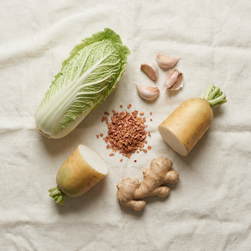 Agni Fermented Golden Kimchi ingredients: napa cabbage, daikon, ginger, garlic, and chilli